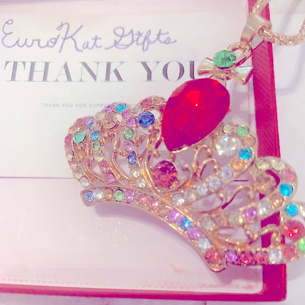 Betsey Johnson Colorful Rhinestone Crown Necklace NEW NWT gold 18"-22"in chain - Picture 3 of 10